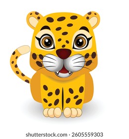 Cute cartoon leopard sitting and smiling on white background