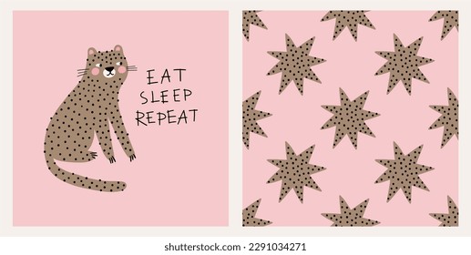 Cute cartoon leopard - vector illustration in flat style. Eat, Sleep, Repeat - hand drawn lettering qoute