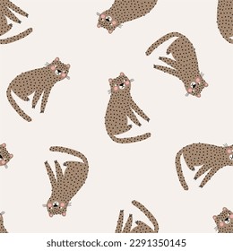 Cute cartoon leopard - vector illustration in flat style. Eat, Sleep, Repeat. Seamless pattern