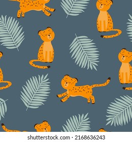 Cute Cartoon Leopard. Vektorsommerprint mit Leopard, abstrakten Elementen und nahtlosem Muster