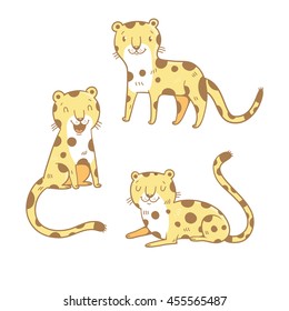 Cute cartoon leopards set. Three little wild kitten. Funny african animals. Children's illustration. Collection for kids. Vector image.