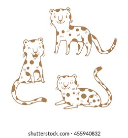 Cute cartoon leopards set. Three little wild kitten. Funny african animals. Children's illustration. Collection for kids. Vector contour image no fill.