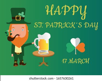 Cute cartoon leprechaun with beer in his hand over a table. Including decorative shamrock. St. Patrick's Day illustration design.