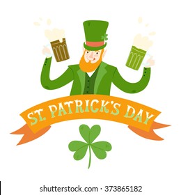 Cute cartoon leprechaun with beer, label, ribbon and shamrock. St. Patrick's Day illustration for your design.