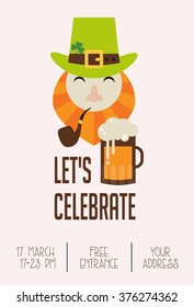 Cute cartoon leprechaun with beer. St. Patrick's Day celebration. Irish pub invitation