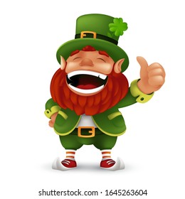 Cute cartoon Leprechaun character laughing and giving thumbs up to Happy Saint Patrick's Day celebration. Vector Irish folklore fulfilling wishes dwarf mascot illustration isolated on white background