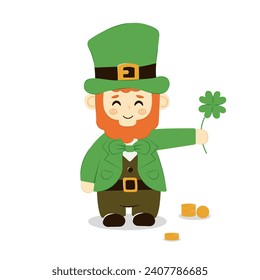 Cute cartoon leprechaun with clover and coins symbol of luck isolated. Vector bearded Irish, Saint Patrick