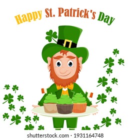 Cute cartoon leprechaun in costume with a dessert of three cupcakes decorated with the flag of Ireland. Vector illustration for St. Patrick's Day, isolated on a white background.