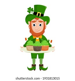 Cute cartoon leprechaun in costume with a dessert of three cupcakes decorated with the flag of Ireland. Vector illustration for St. Patrick's Day, isolated on a white background.