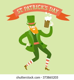 Cute cartoon leprechaun dancing with beer. St. Patrick's Day illustration for your design.