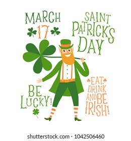 Cute cartoon leprechaun dancing with shamrock in his hand. Including decorative vintage titles. St. Patrick's Day illustration for your design.