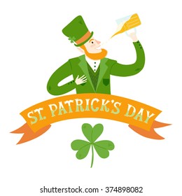 Cute cartoon leprechaun drinking beer. Including label, ribbon and shamrock. St. Patrick's Day illustration for your design.