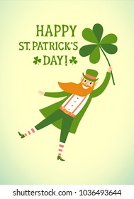 Cute cartoon leprechaun flying with shamrock in his hand. Including decorative vintage title. St. Patrick's Day illustration for your design.