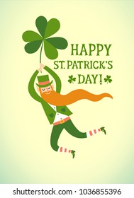 Cute cartoon leprechaun flying with shamrock in his hand. Including decorative vintage title. St. Patrick's Day illustration for your design.