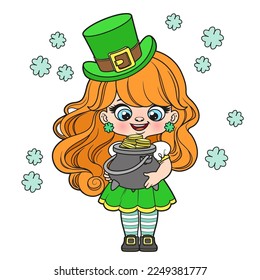 Cute cartoon leprechaun girl  with a pot of gold color variation for coloring page on white background