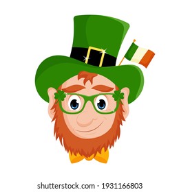 Cute cartoon  leprechaun in a green hat with glasses decorated with a shamrock, with the flag of Ireland, an illustration for St. Patrick's Day. Vector illustration isolated on a white background.