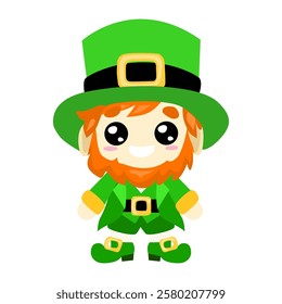 Cute cartoon leprechaun in a green outfit with a hat, belt, and boots with gold buckles. Adorable design perfect for St. Patrick’s Day decorations, prints, and digital projects.