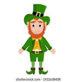 Cute cartoon leprechaun in a green suit and hat, illustration for St. Patrick's Day. Vector illustration isolated on a white background.