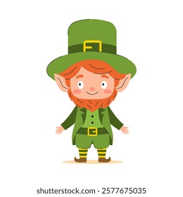 A cute cartoon leprechaun in a green suit and hat with a gold buckle, celebrating St. Patrick's Day.