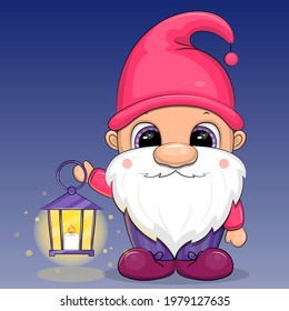 Cuta caricatura leprechaun sosteniendo una linterna. Ilustración vectorial en un fondo azul.