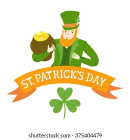 Cute cartoon leprechaun holding a pot of gold. St. Patrick's Day illustration with title, ribbon and shamrock.