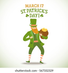 Cute cartoon leprechaun holding a pot of gold. Including decorative  title. St. Patrick's Day illustration for your design.