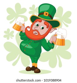 Cute cartoon leprechaun holding two beers on a Shamrock background. EPS10 vector illustration.