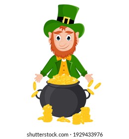 Cute cartoon leprechaun with a pot of gold. Vector illustration with happy St. Patrick's Day.