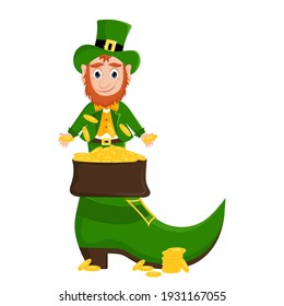 Cute cartoon leprechaun with a pot of gold. Vector illustration with happy St. Patrick's Day.