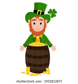 Cute cartoon leprechaun with a pot of gold. Vector illustration with happy St. Patrick's Day.