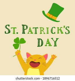 Cute cartoon leprechaun red cat with trefoil in hand. Including decorative vintage title. St. Patrick's Day illustration for your design.