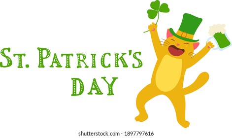 Cuta caricatura del gato rojo leprechaun con trébol en la mano. Incluido el título decorativo vintage. Ilustración del Día de San Patricio para su diseño.