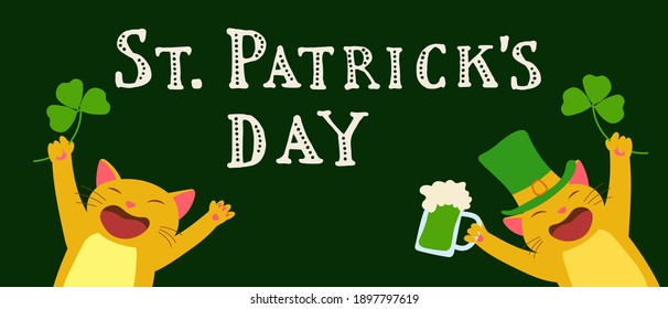 Cute cartoon leprechaun red cat with trefoil in hand. Including decorative vintage title. St. Patrick's Day illustration for your design.