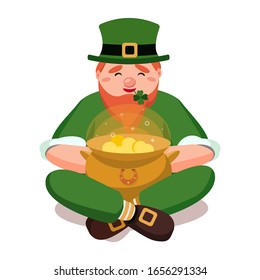 A cute cartoon leprechaun sitting in a lotus position with legs crossed and holding a pot of shiny gold coins. Happy St. Patrick day. Flat vector illustration. Isolated on a white background.