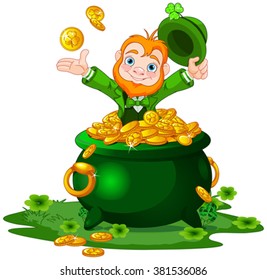 Cute cartoon Leprechaun sitting on pot of gold