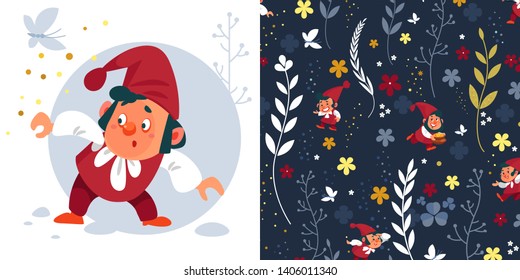 Cute cartoon leprechaun. Vector Illustration of a gnome with a bag of treasure for kindergarten, Waldorf, baby shower, cards, invitations.  