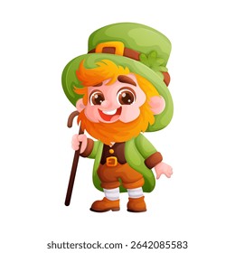 A cute cartoon leprechaun wearing a green hat and suit stands with a cane, ready for St. Patricks Day celebrations. He is smiling and full of the holiday spirit.