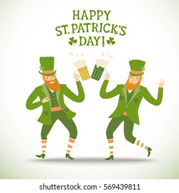 Cute cartoon leprechauns with beer. Including decorative title. St. Patrick's Day illustration for your design.