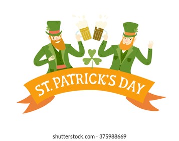 Cute cartoon leprechauns with beer. St. Patrick's Day illustration with title for your design.