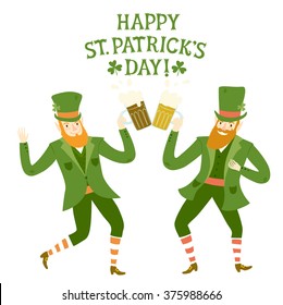 Cute cartoon leprechauns dancing and drinking beer. St. Patrick's Day illustration for your design.