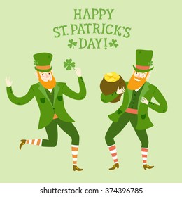 Cute cartoon leprechauns dancing and holding shamrock and pot of gold. St. Patrick's Day illustration for your design.