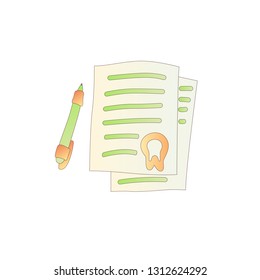 Cute cartoon letter with stamp illustration. Colored paper icon with pen and stamp on top. Cartoon vector document, letter icon isolated on white background