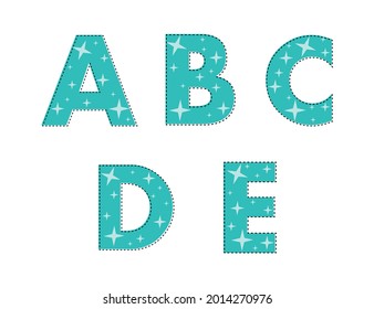 Cute Cartoon letters a b c d e. Perfect for greeting cards, party invitations, posters, stickers, pin, scrapbooking, icons.