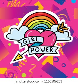 Cute cartoon lgbt gay rainbow and girl power feminism heart illustration print design with bright pink hipster trendy gradient background. Sticker patch badge illustration