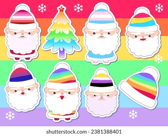 Cute Cartoon LGBTQ Community Symbole mit Stolz-Flaggen, Geschlechtszeichen, Regenbogen, Liebe. Stolze Monatsaufkleber. Gay Parade Groovy FestWeihnachtsaufkleber-Paket mit Santa-Claus-Set xmas flaches Design