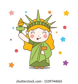 Cute Cartoon Liberty Girl. Mascot of United State. Vector Illustration