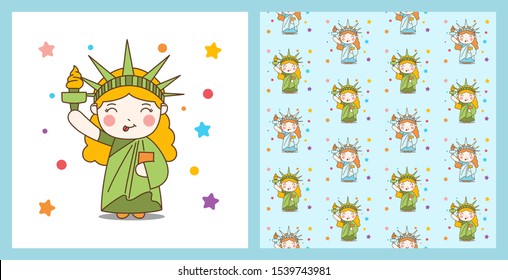 Cute Cartoon Liberty Girl and pattern background. Vector Illustration