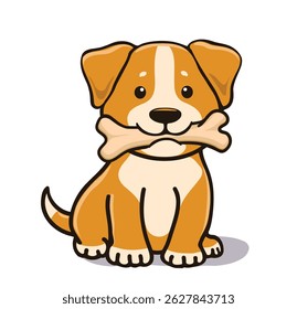 Cute cartoon light brown puppy with a large bone in its mouth