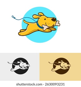Cute cartoon light brown puppy, jumping dog with a large bone in its mouth