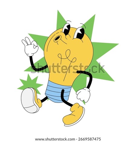 Cute cartoon lightbulb character in retro 80s style for school and education illustration